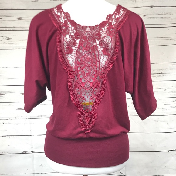 Belle de Jour Tops - Lace Back Blouse Burgandy size Small
